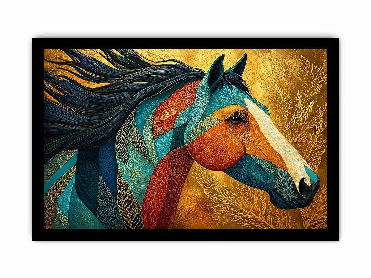 luxury horse Canvas Print, ornate horse portrait canvas, gold textured horse painting, modern animal artwork decor, stylized horse illustration print