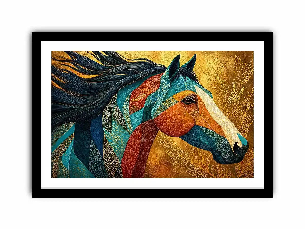 luxury horse Canvas Print, ornate horse portrait canvas, gold textured horse painting, modern animal artwork decor, stylized horse illustration print