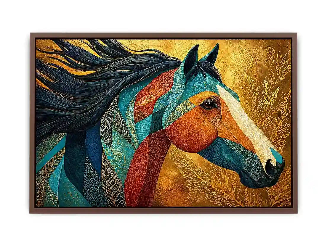luxury horse Canvas Print, ornate horse portrait canvas, gold textured horse painting, modern animal artwork decor, stylized horse illustration print