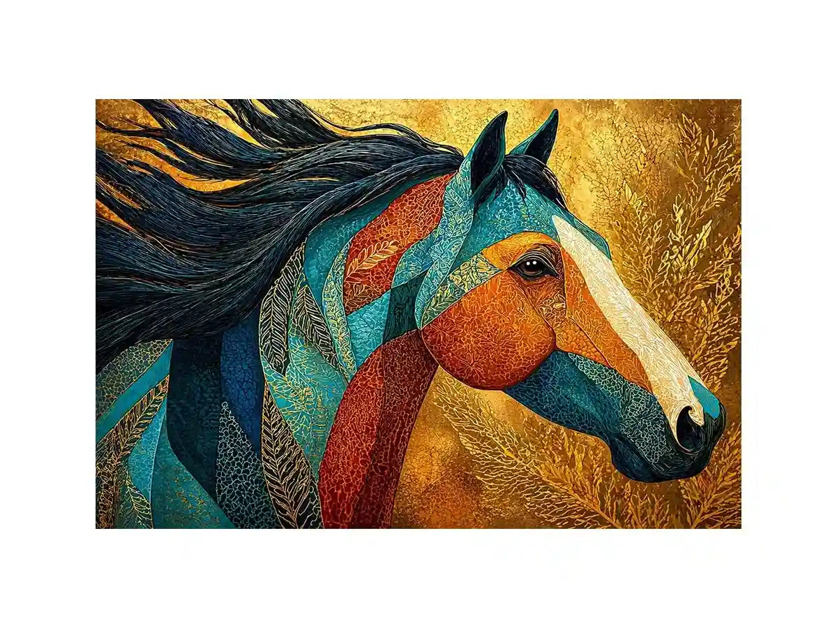 luxury horse Canvas Print, ornate horse portrait canvas, gold textured horse painting, modern animal artwork decor, stylized horse illustration print