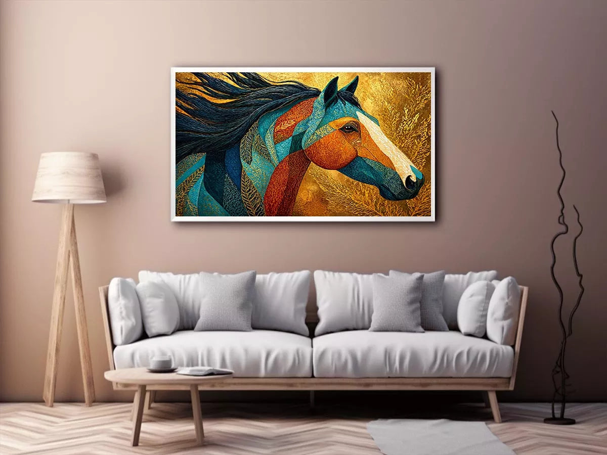 luxury horse Canvas Print, ornate horse portrait canvas, gold textured horse painting, modern animal artwork decor, stylized horse illustration print