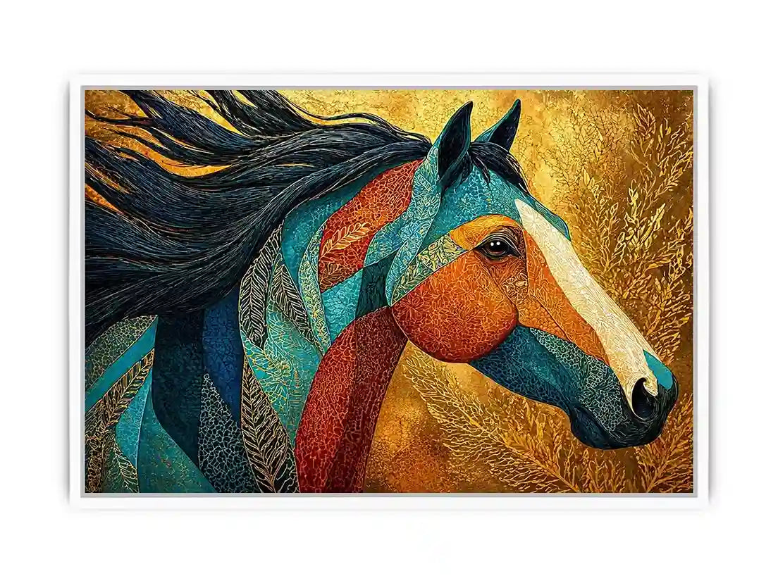 luxury horse Canvas Print, ornate horse portrait canvas, gold textured horse painting, modern animal artwork decor, stylized horse illustration print