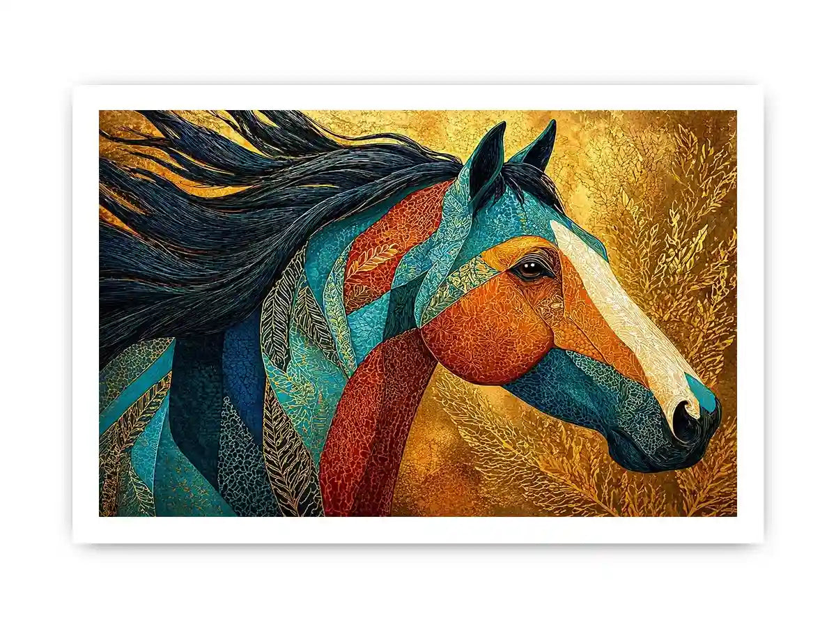 luxury horse Canvas Print, ornate horse portrait canvas, gold textured horse painting, modern animal artwork decor, stylized horse illustration print