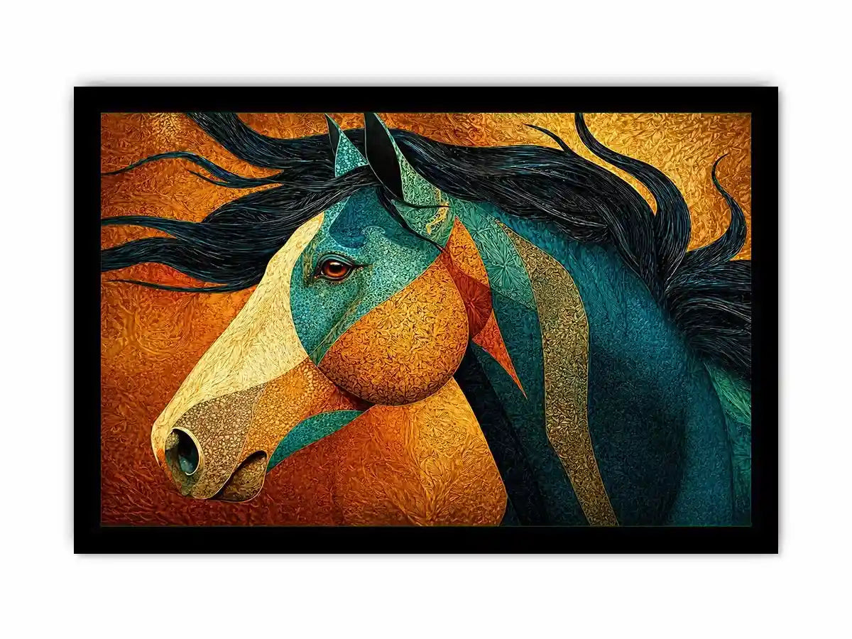 abstract horse Canvas Print teal gold, luxury horse Canvas Print, textured horse painting modern decor, artistic horse portrait illustration, colorful horse artwork wall decor