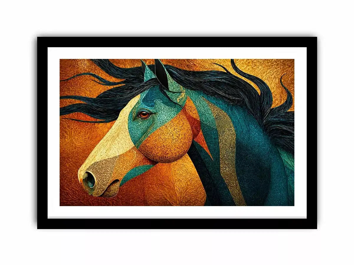 abstract horse Canvas Print teal gold, luxury horse Canvas Print, textured horse painting modern decor, artistic horse portrait illustration, colorful horse artwork wall decor