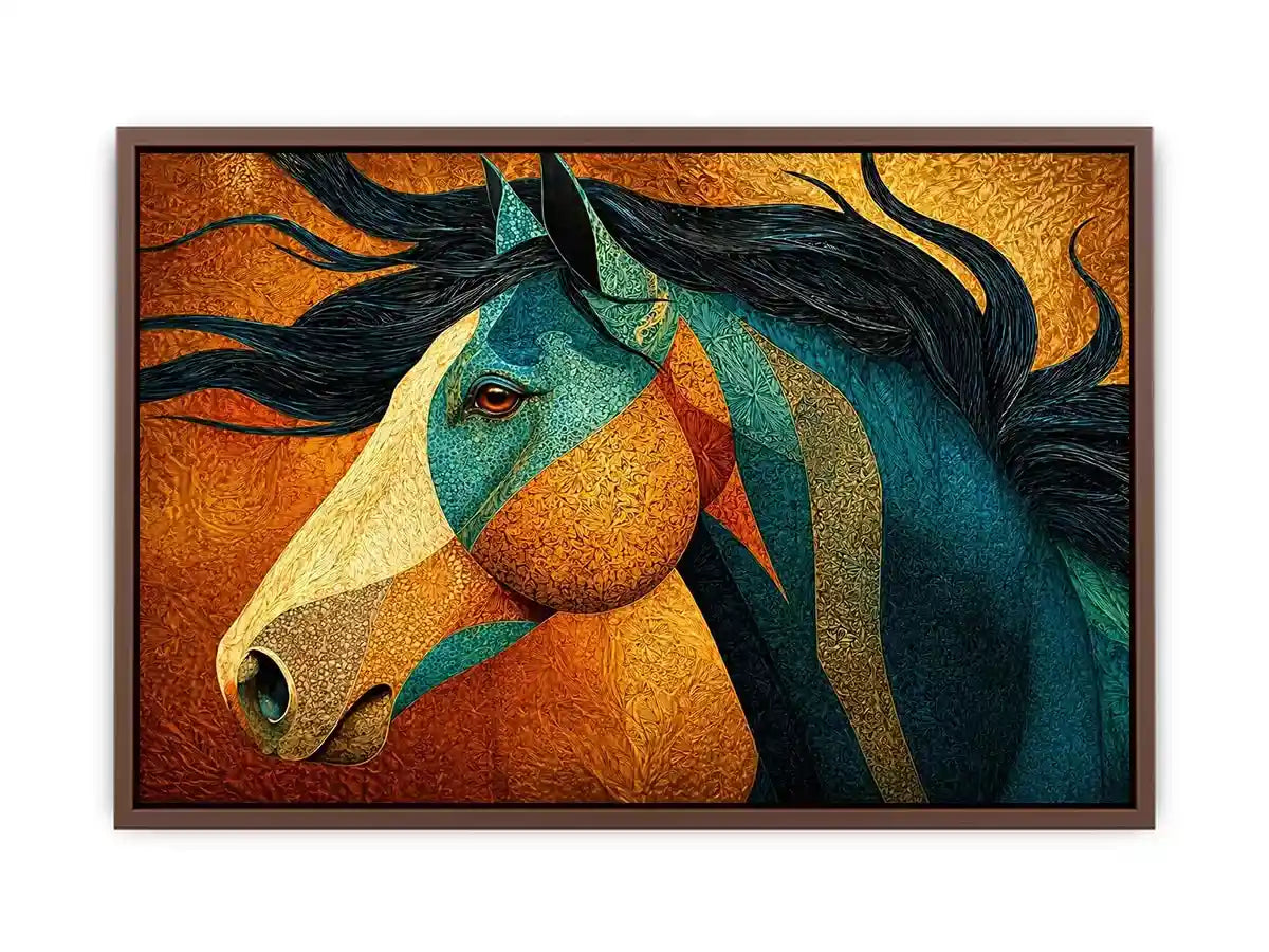 abstract horse Canvas Print teal gold, luxury horse Canvas Print, textured horse painting modern decor, artistic horse portrait illustration, colorful horse artwork wall decor