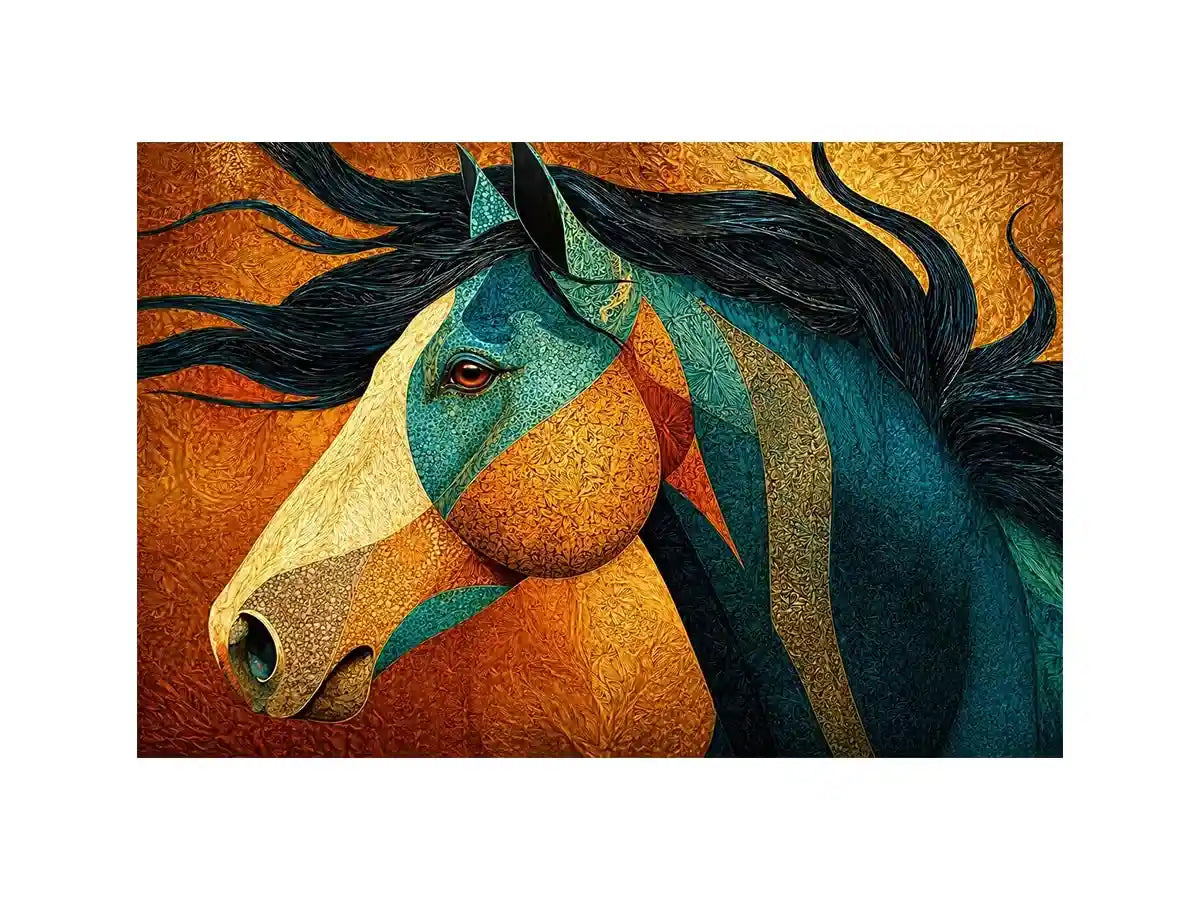 abstract horse Canvas Print teal gold, luxury horse Canvas Print, textured horse painting modern decor, artistic horse portrait illustration, colorful horse artwork wall decor
