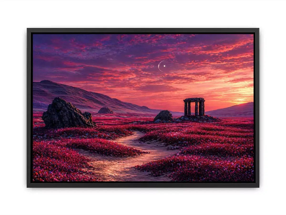 surreal landscape Canvas Print pink sky, dreamy desert ruins canvas, fantasy sunset field artwork, aesthetic pink landscape print, mystical nature wall decor