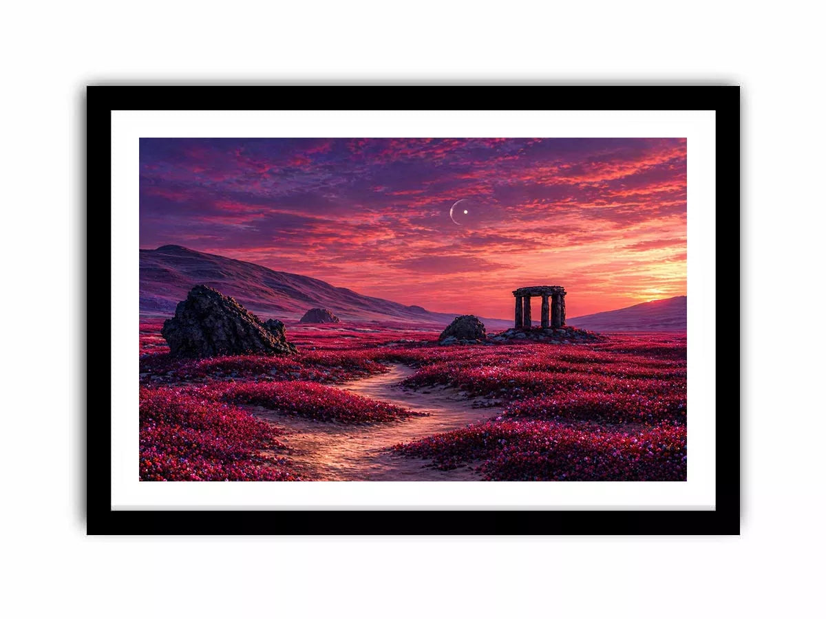 surreal landscape Canvas Print pink sky, dreamy desert ruins canvas, fantasy sunset field artwork, aesthetic pink landscape print, mystical nature wall decor