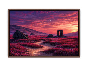 surreal landscape Canvas Print pink sky, dreamy desert ruins canvas, fantasy sunset field artwork, aesthetic pink landscape print, mystical nature wall decor