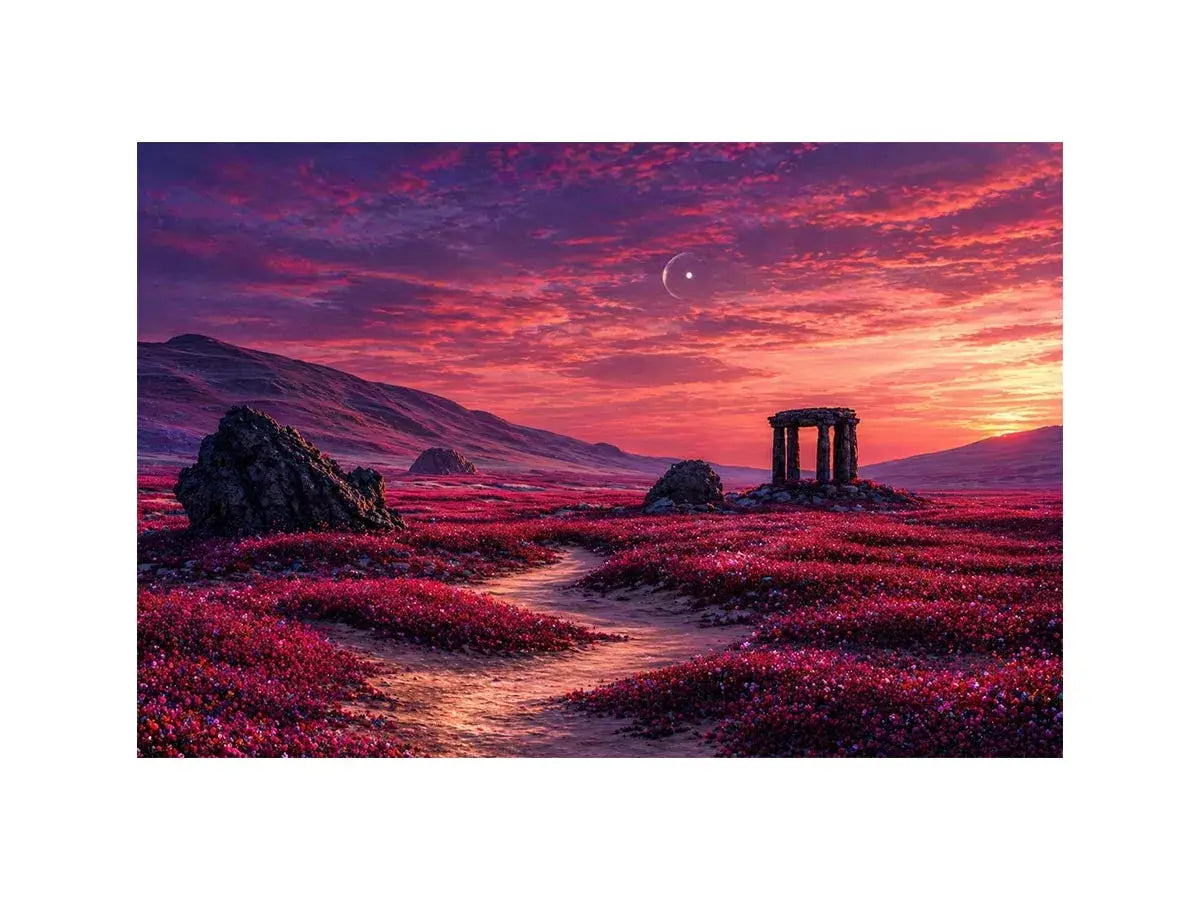 surreal landscape Canvas Print pink sky, dreamy desert ruins canvas, fantasy sunset field artwork, aesthetic pink landscape print, mystical nature wall decor