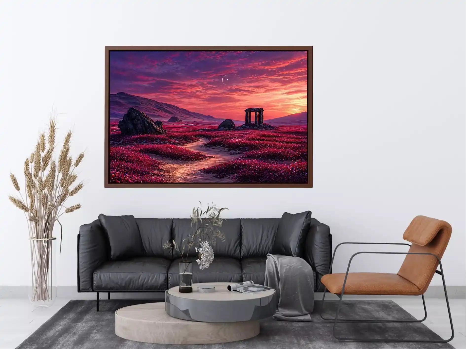 surreal landscape Canvas Print pink sky, dreamy desert ruins canvas, fantasy sunset field artwork, aesthetic pink landscape print, mystical nature wall decor