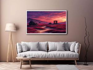 surreal landscape Canvas Print pink sky, dreamy desert ruins canvas, fantasy sunset field artwork, aesthetic pink landscape print, mystical nature wall decor