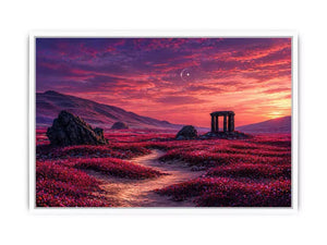 surreal landscape Canvas Print pink sky, dreamy desert ruins canvas, fantasy sunset field artwork, aesthetic pink landscape print, mystical nature wall decor