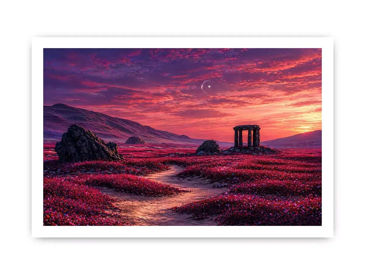 surreal landscape Canvas Print pink sky, dreamy desert ruins canvas, fantasy sunset field artwork, aesthetic pink landscape print, mystical nature wall decor