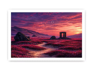 surreal landscape Canvas Print pink sky, dreamy desert ruins canvas, fantasy sunset field artwork, aesthetic pink landscape print, mystical nature wall decor