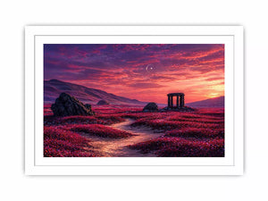surreal landscape Canvas Print pink sky, dreamy desert ruins canvas, fantasy sunset field artwork, aesthetic pink landscape print, mystical nature wall decor