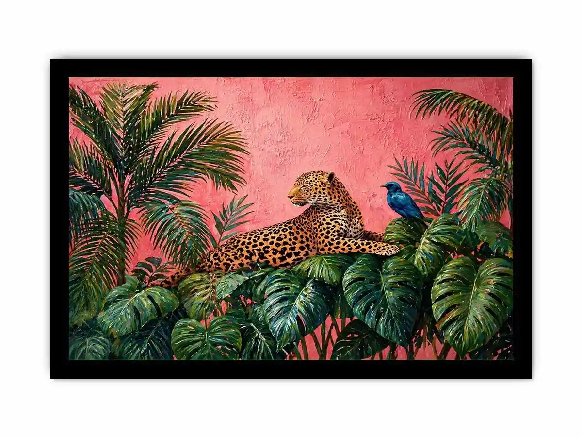 tropical leopard Canvas Print pink jungle, exotic animal Canvas Print, jungle leaves leopard artwork, pink botanical wildlife decor, modern tropical animal illustration