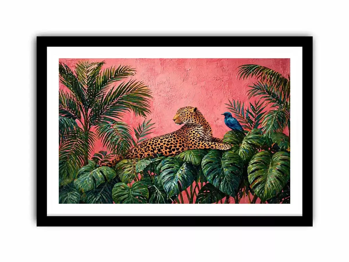 tropical leopard Canvas Print pink jungle, exotic animal Canvas Print, jungle leaves leopard artwork, pink botanical wildlife decor, modern tropical animal illustration