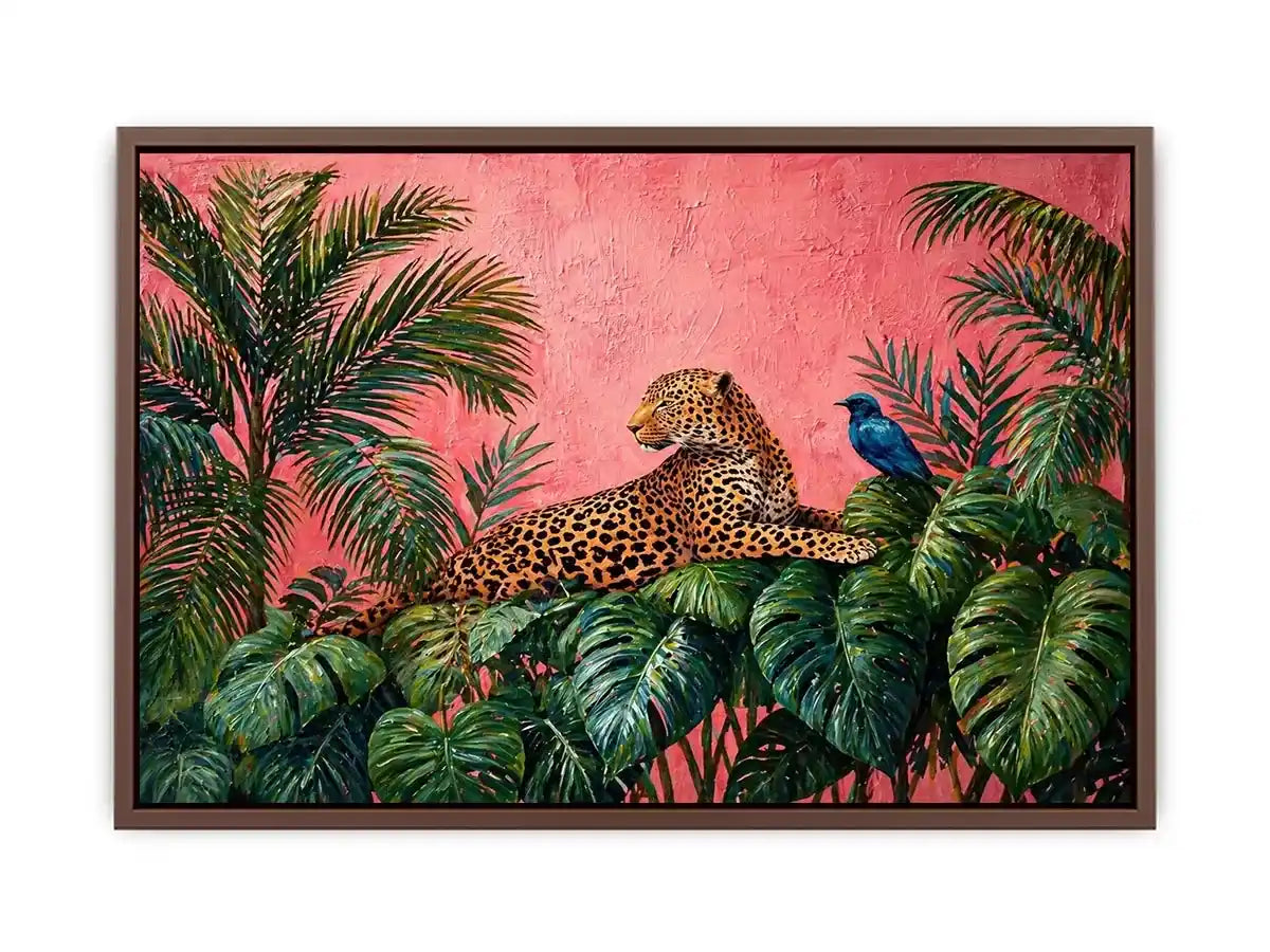 tropical leopard Canvas Print pink jungle, exotic animal Canvas Print, jungle leaves leopard artwork, pink botanical wildlife decor, modern tropical animal illustration