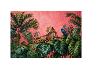 tropical leopard Canvas Print pink jungle, exotic animal Canvas Print, jungle leaves leopard artwork, pink botanical wildlife decor, modern tropical animal illustration