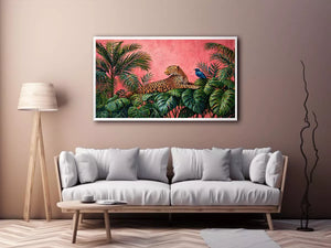 tropical leopard Canvas Print pink jungle, exotic animal Canvas Print, jungle leaves leopard artwork, pink botanical wildlife decor, modern tropical animal illustration
