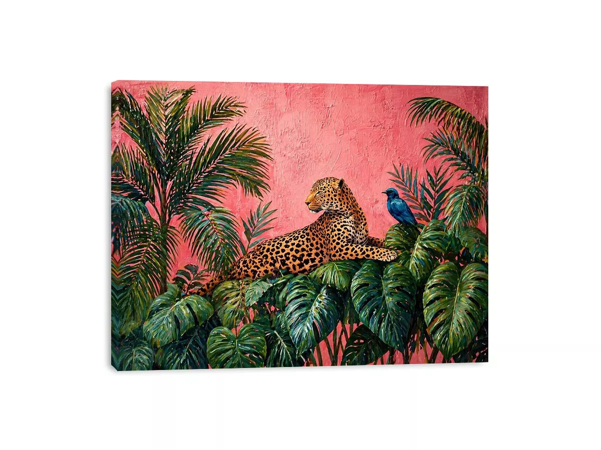 tropical leopard Canvas Print pink jungle, exotic animal Canvas Print, jungle leaves leopard artwork, pink botanical wildlife decor, modern tropical animal illustration