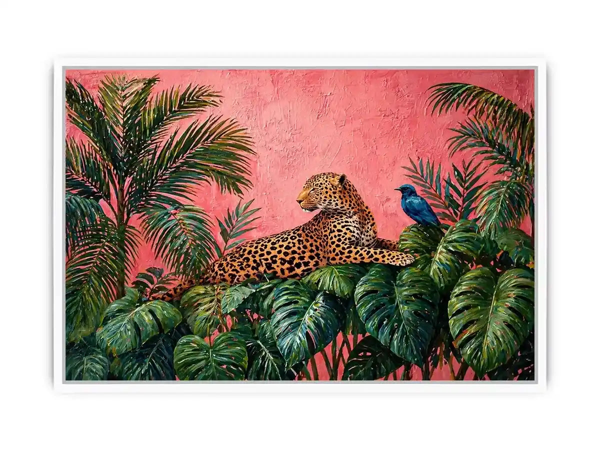 tropical leopard Canvas Print pink jungle, exotic animal Canvas Print, jungle leaves leopard artwork, pink botanical wildlife decor, modern tropical animal illustration
