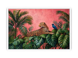 tropical leopard Canvas Print pink jungle, exotic animal Canvas Print, jungle leaves leopard artwork, pink botanical wildlife decor, modern tropical animal illustration