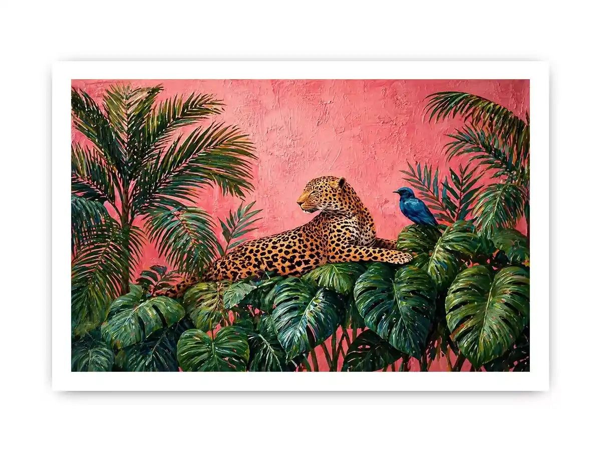 tropical leopard Canvas Print pink jungle, exotic animal Canvas Print, jungle leaves leopard artwork, pink botanical wildlife decor, modern tropical animal illustration