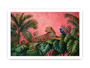 tropical leopard Canvas Print pink jungle, exotic animal Canvas Print, jungle leaves leopard artwork, pink botanical wildlife decor, modern tropical animal illustration