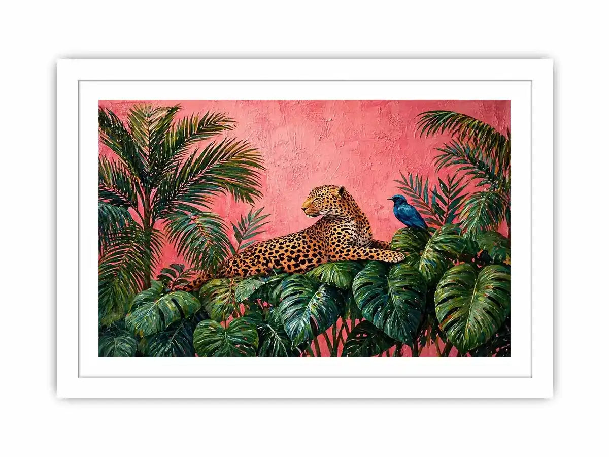 tropical leopard Canvas Print pink jungle, exotic animal Canvas Print, jungle leaves leopard artwork, pink botanical wildlife decor, modern tropical animal illustration