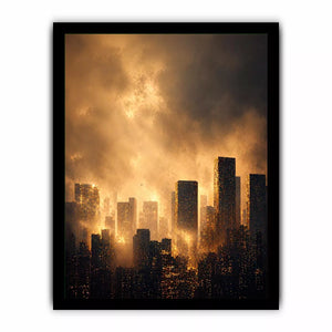 city skyline Canvas Print golden fog, modern urban landscape Canvas Print, cinematic cityscape artwork, foggy skyline modern decor, glowing city buildings Canvas Print