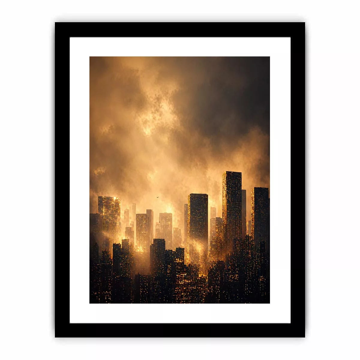 city skyline Canvas Print golden fog, modern urban landscape Canvas Print, cinematic cityscape artwork, foggy skyline modern decor, glowing city buildings Canvas Print