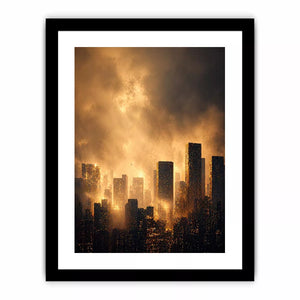 city skyline Canvas Print golden fog, modern urban landscape Canvas Print, cinematic cityscape artwork, foggy skyline modern decor, glowing city buildings Canvas Print