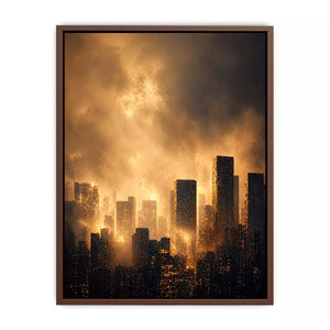 city skyline Canvas Print golden fog, modern urban landscape Canvas Print, cinematic cityscape artwork, foggy skyline modern decor, glowing city buildings Canvas Print