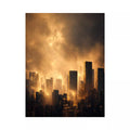 city skyline Canvas Print golden fog, modern urban landscape Canvas Print, cinematic cityscape artwork, foggy skyline modern decor, glowing city buildings Canvas Print