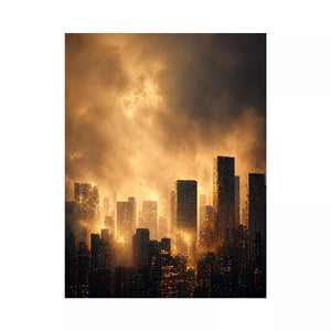 city skyline Canvas Print golden fog, modern urban landscape Canvas Print, cinematic cityscape artwork, foggy skyline modern decor, glowing city buildings Canvas Print