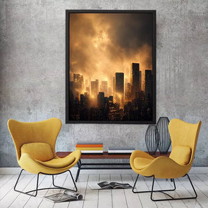 city skyline Canvas Print golden fog, modern urban landscape Canvas Print, cinematic cityscape artwork, foggy skyline modern decor, glowing city buildings Canvas Print