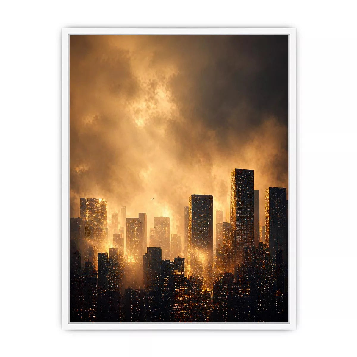 city skyline Canvas Print golden fog, modern urban landscape Canvas Print, cinematic cityscape artwork, foggy skyline modern decor, glowing city buildings Canvas Print