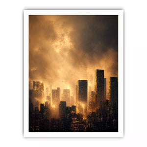 city skyline Canvas Print golden fog, modern urban landscape Canvas Print, cinematic cityscape artwork, foggy skyline modern decor, glowing city buildings Canvas Print