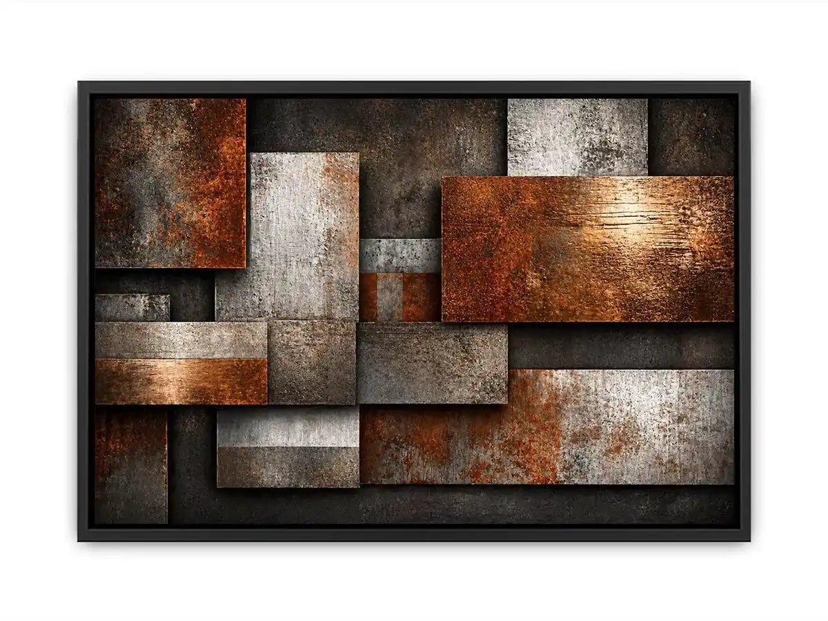 industrial abstract Canvas Print rust texture, layered metal panel artwork, modern geometric industrial canvas, textured neutral wall decor, urban abstract art print