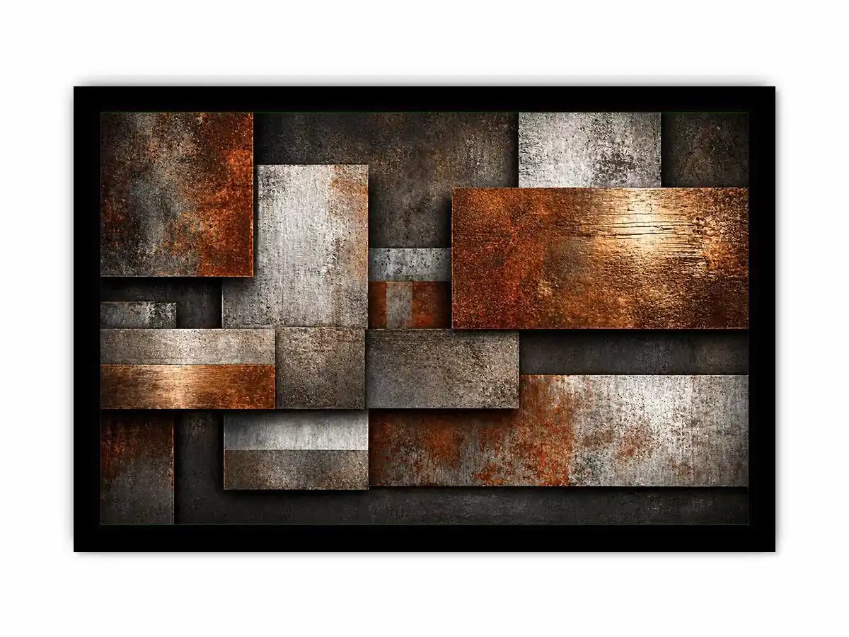 industrial abstract Canvas Print rust texture, layered metal panel artwork, modern geometric industrial canvas, textured neutral wall decor, urban abstract art print