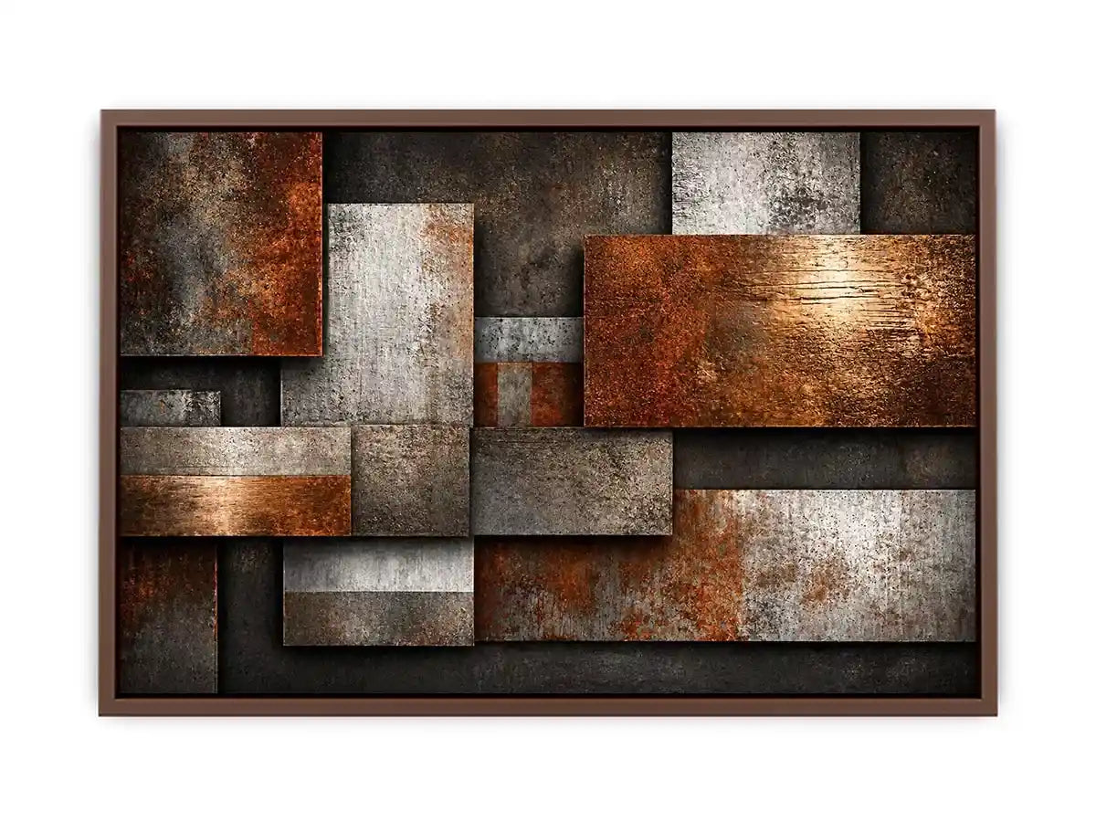 industrial abstract Canvas Print rust texture, layered metal panel artwork, modern geometric industrial canvas, textured neutral wall decor, urban abstract art print