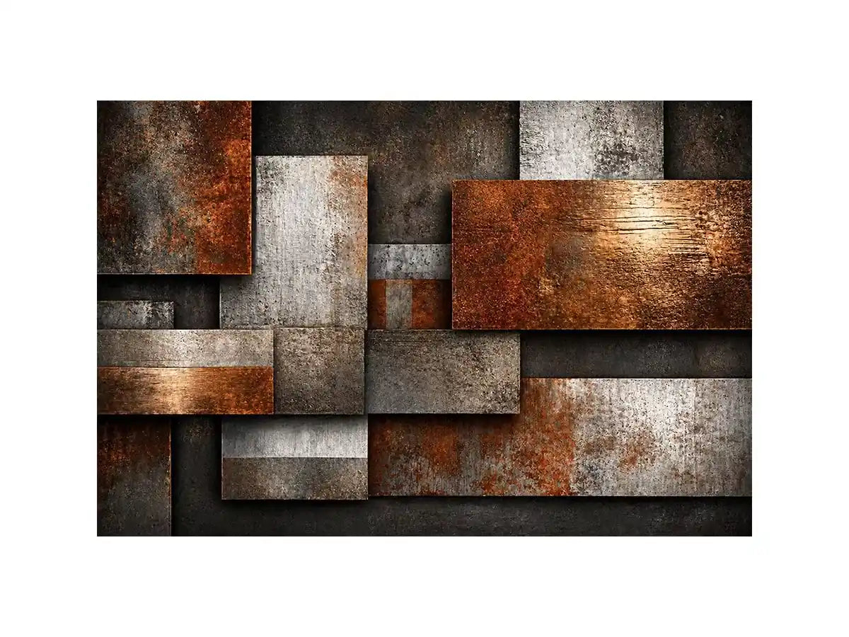 industrial abstract Canvas Print rust texture, layered metal panel artwork, modern geometric industrial canvas, textured neutral wall decor, urban abstract art print