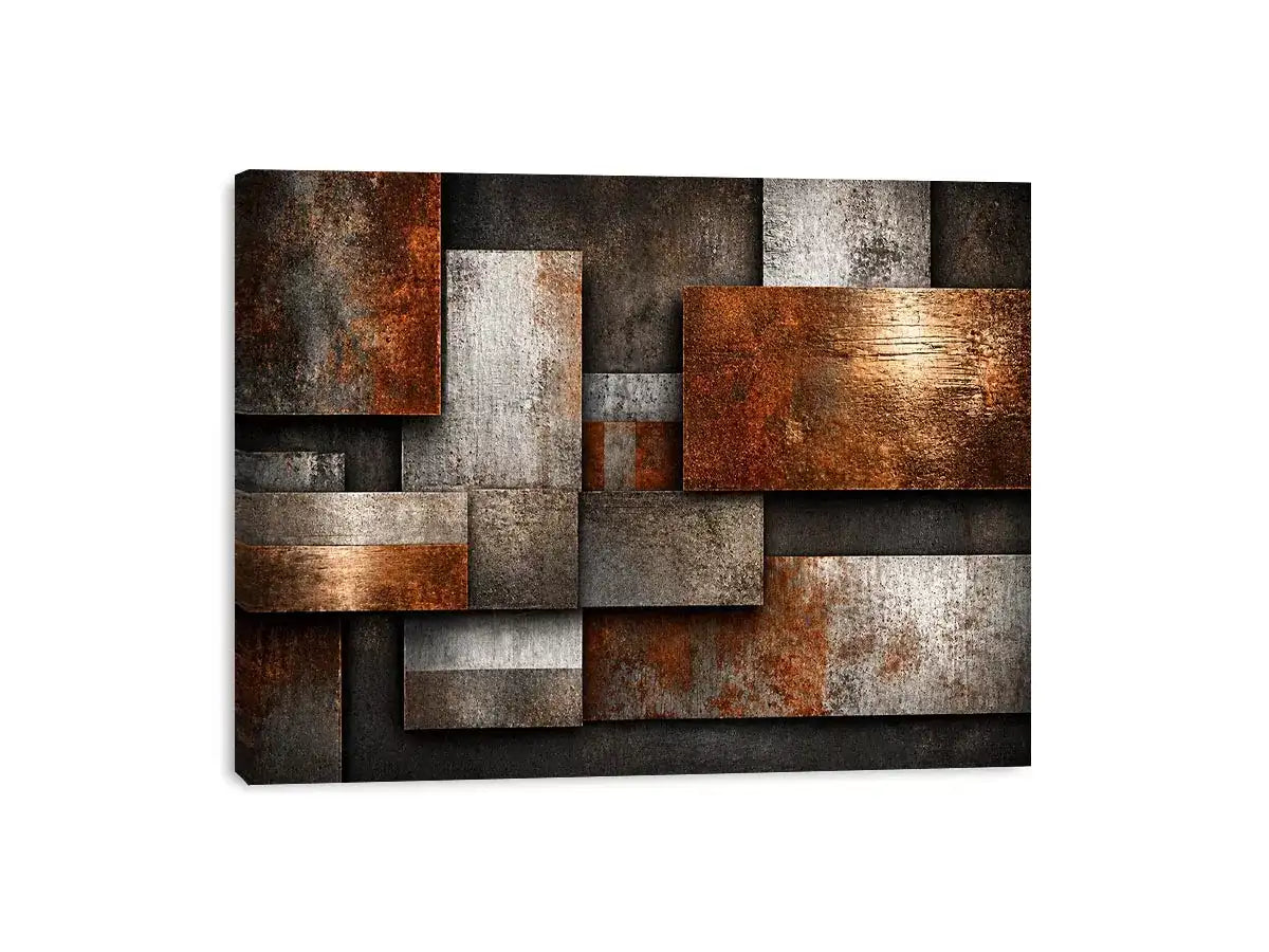 industrial abstract Canvas Print rust texture, layered metal panel artwork, modern geometric industrial canvas, textured neutral wall decor, urban abstract art print