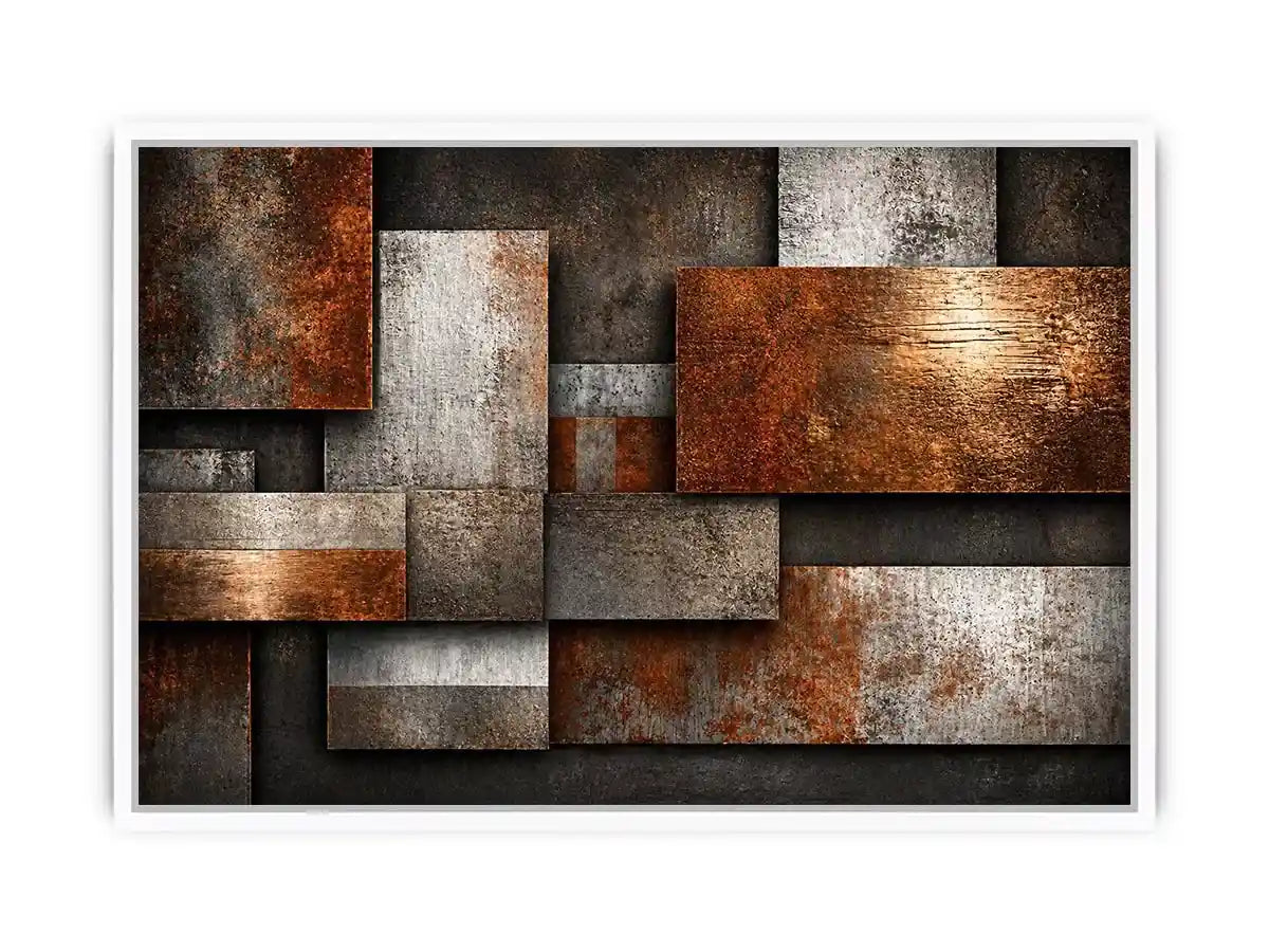 industrial abstract Canvas Print rust texture, layered metal panel artwork, modern geometric industrial canvas, textured neutral wall decor, urban abstract art print