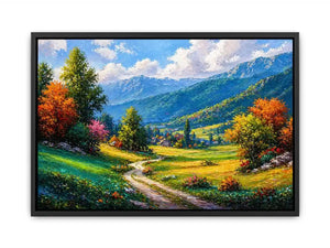 colorful landscape Canvas Print impressionist valley, scenic nature painting path artwork, vibrant countryside canvas decor, mountain landscape painting Canvas Print