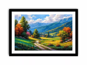colorful landscape Canvas Print impressionist valley, scenic nature painting path artwork, vibrant countryside canvas decor, mountain landscape painting Canvas Print