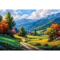 colorful landscape wall art impressionist valley, scenic nature painting path artwork, vibrant countryside canvas decor, mountain landscape painting wall art